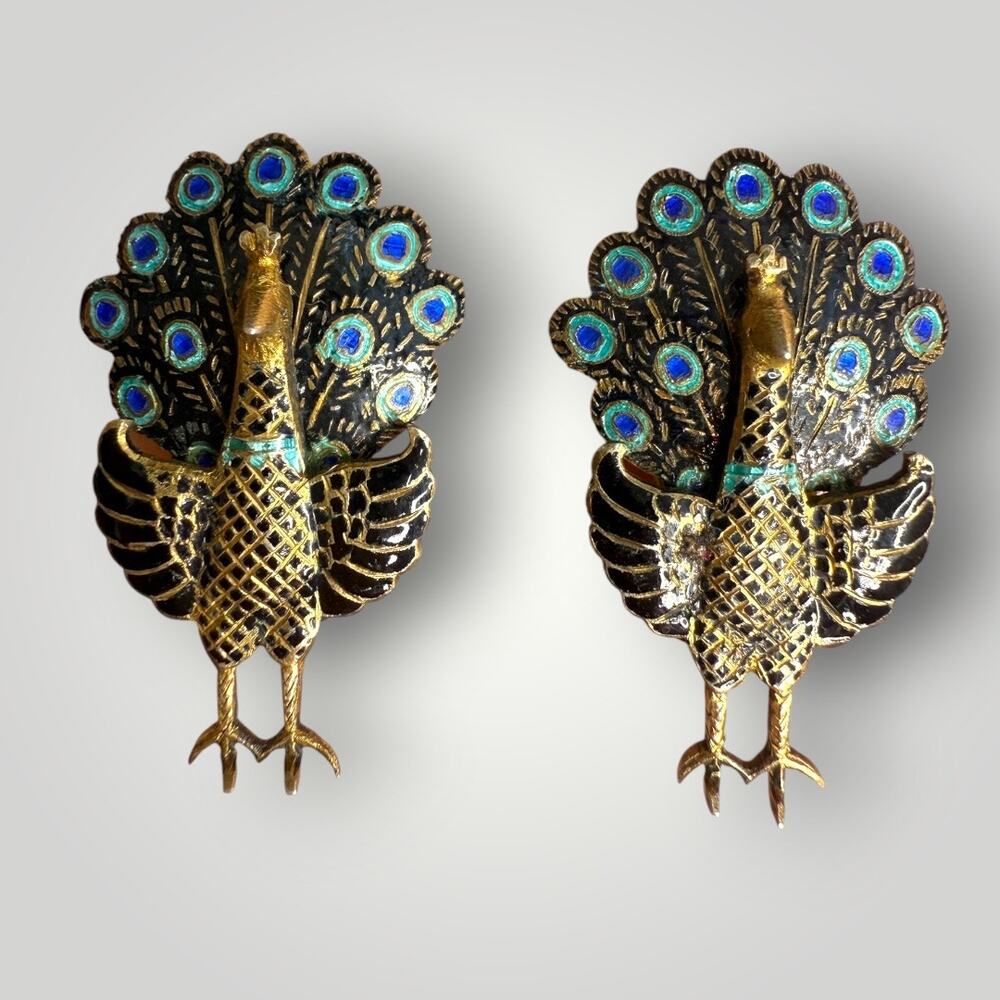 1940’s Siam Vermeille Sterling Black & Gold Enamel Peacock Earrings Clip on